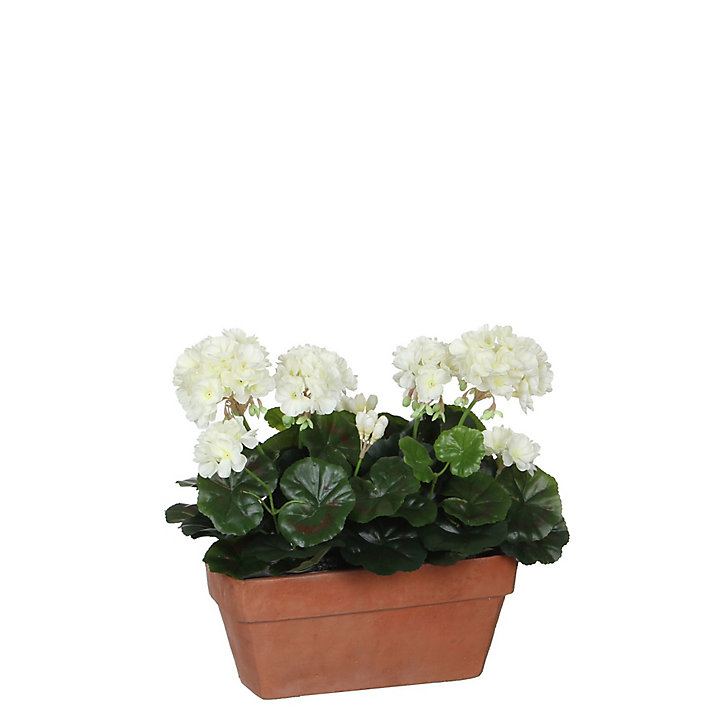 Geranium blanc articiciel en jardinière terra 29 x 13 x h.40 cm