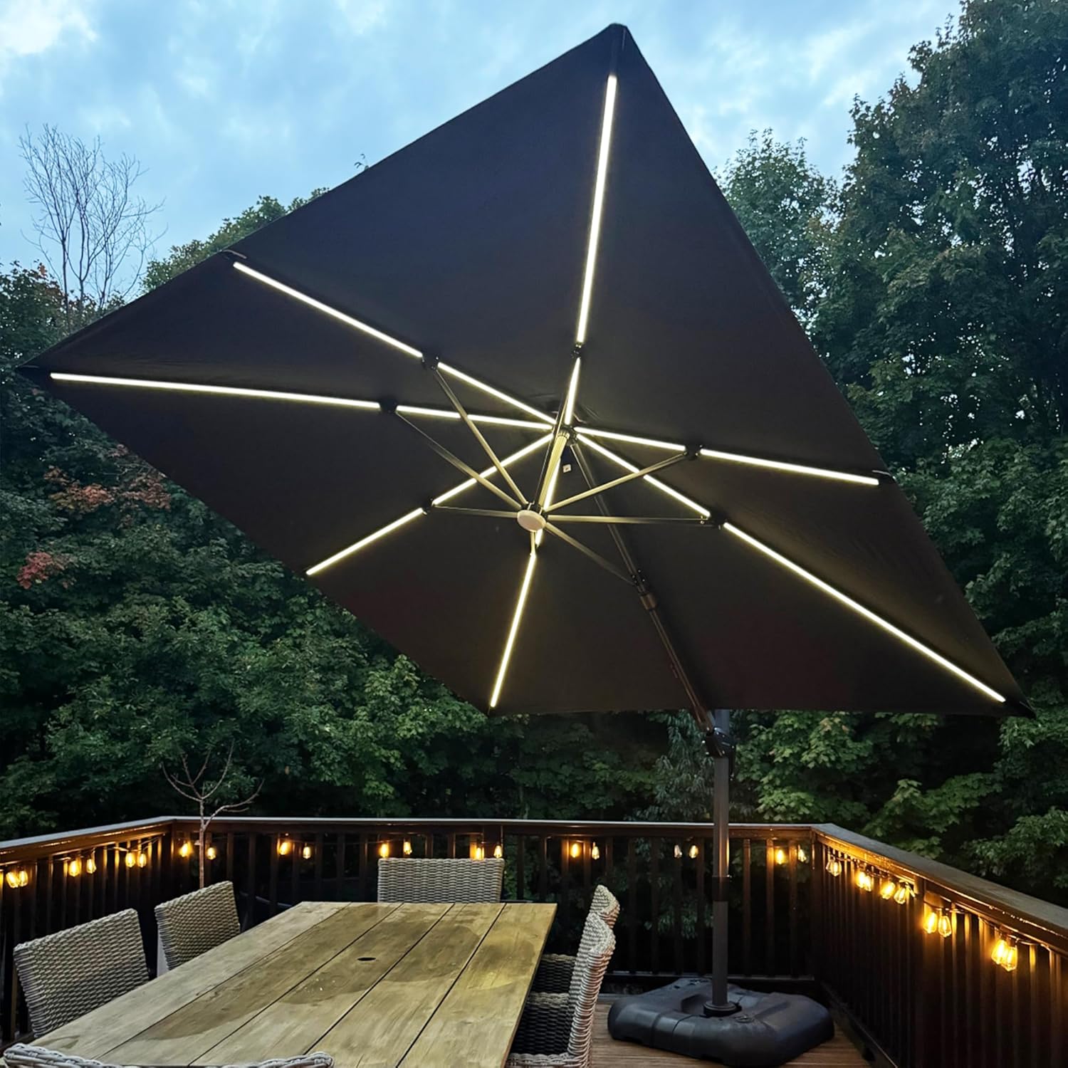 PURPLE LEAF Ampelschirm 300 x 300 cm Sonnenschirm mit LED Beleuchtung, Neigbar Kippbar Gartenschirm mit Kurbel, Aluminium Gestell, 360° Rotation, Grau