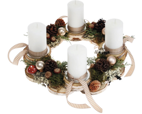 Adventskrans, tafeldecoratie, Ø 30 cm, H ca. 12 cm, berkenhouten plakkrans inclusief 4 rustieke witte kaarsen