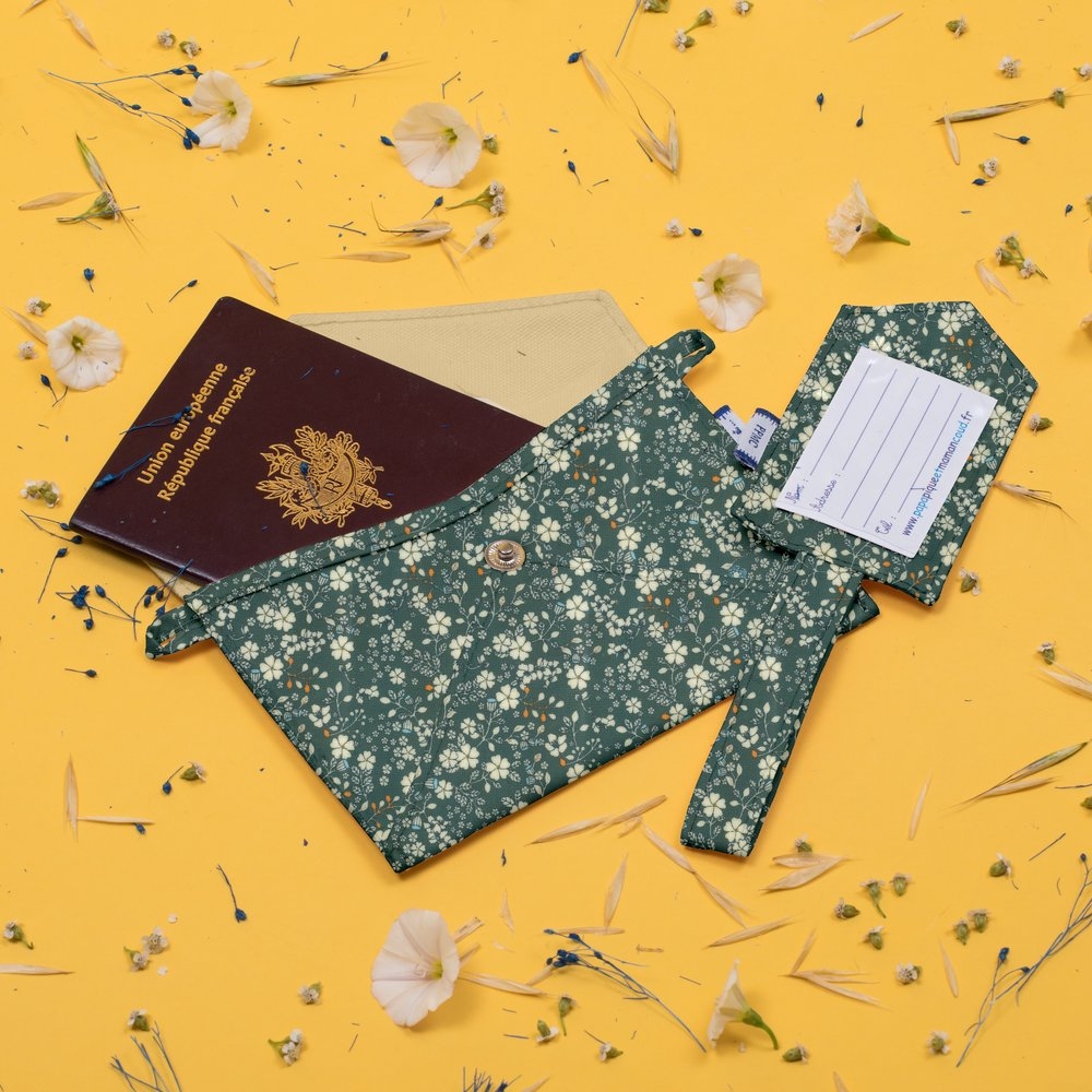 Etiquette Bagage Fleuri Kaki
