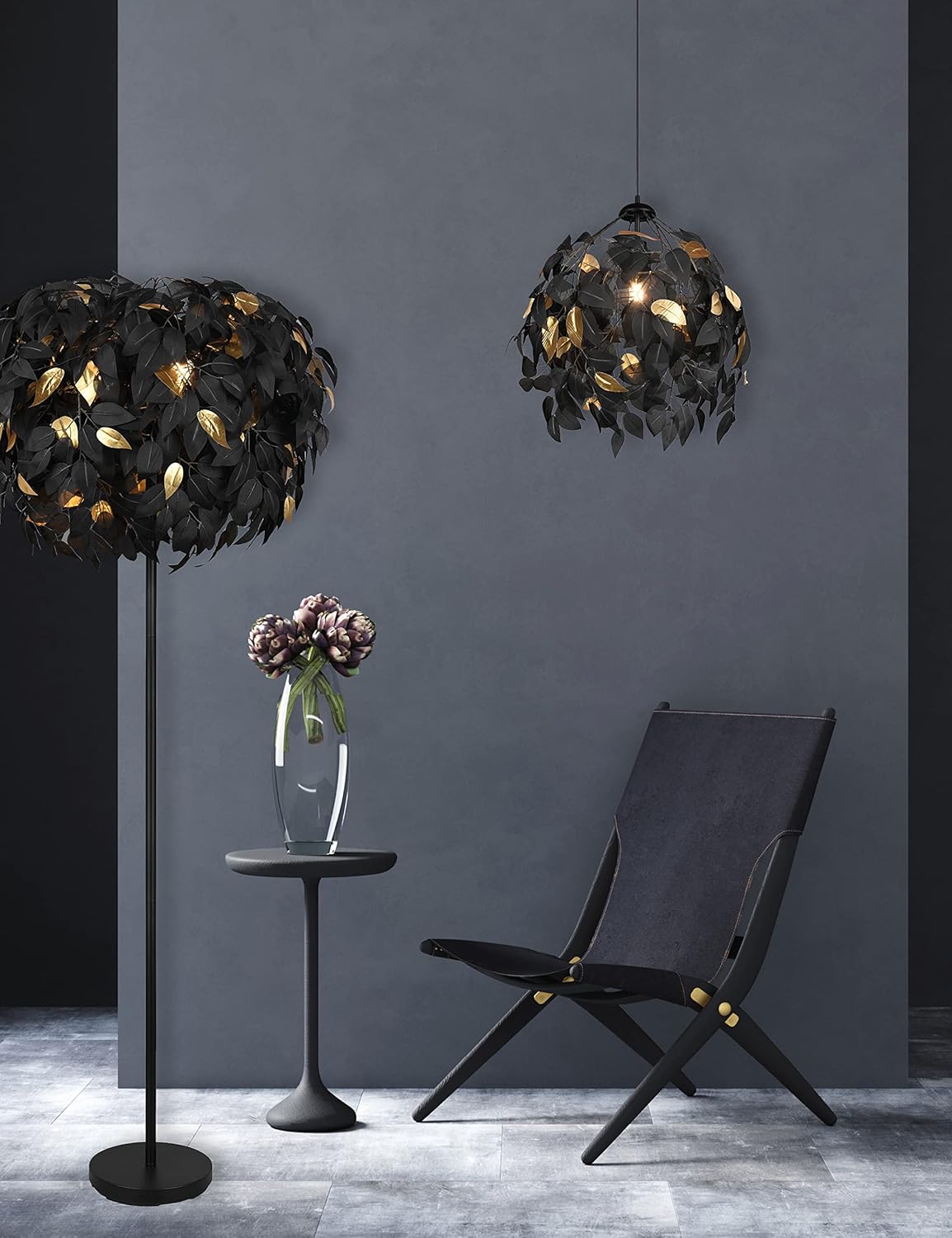 RL LIVE YOUR LIGHT Reality Leuchten Stehleuchte Leavy R40463032, Metall schwarz, Schirm Kunststoff schwarz/goldfarbig, exkl. 3x E14