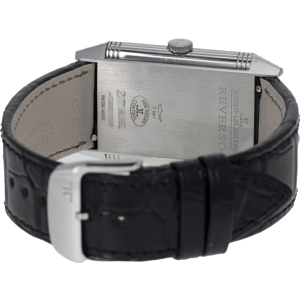 Montre d'occasion Jaeger Lecoultre Reverso homme mécanique acier bracelet cuir noir