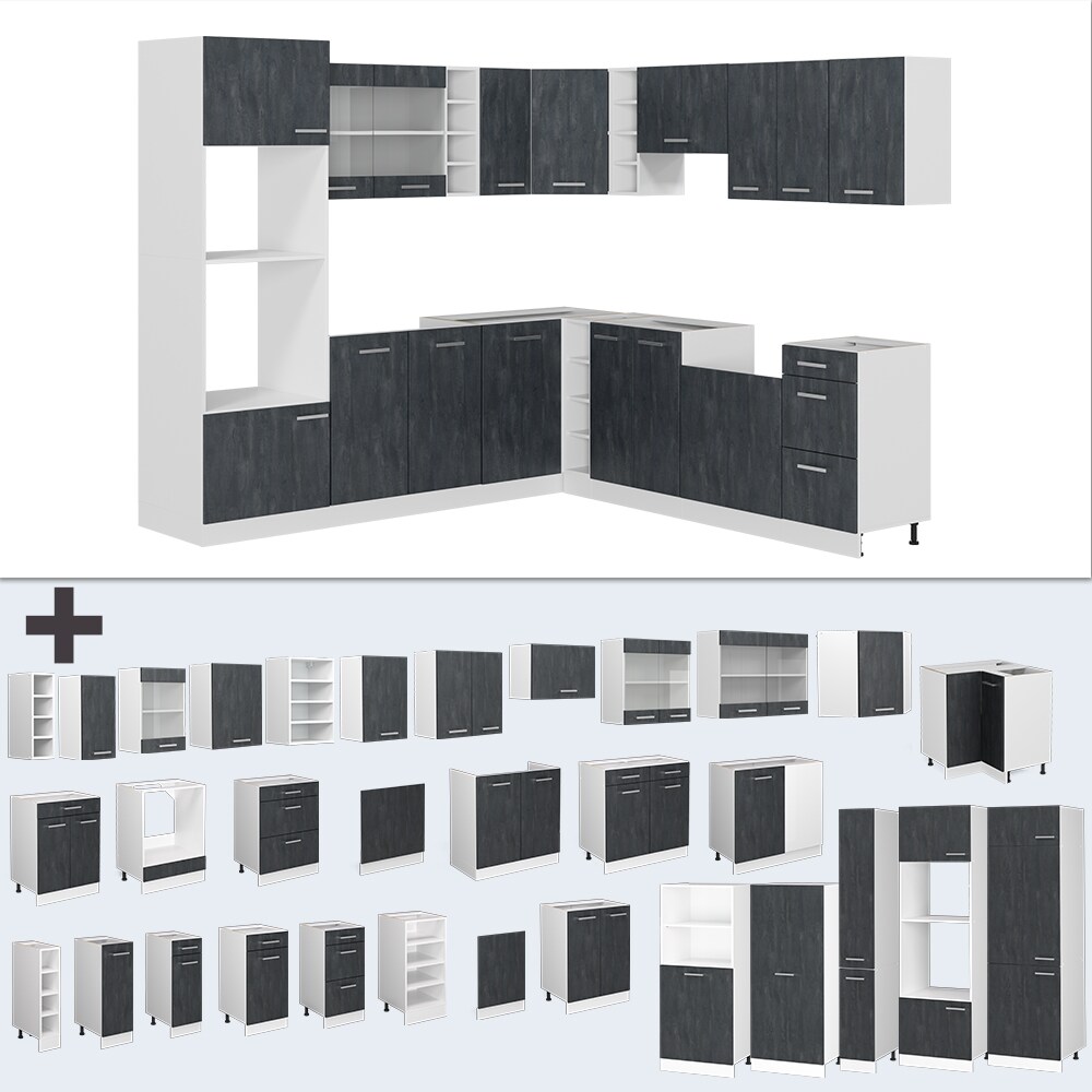 Vicco Eckküche R-Line 247x237 cm Schwarz Beton Weiß mit Arbeitsplatte Weiß Marmor