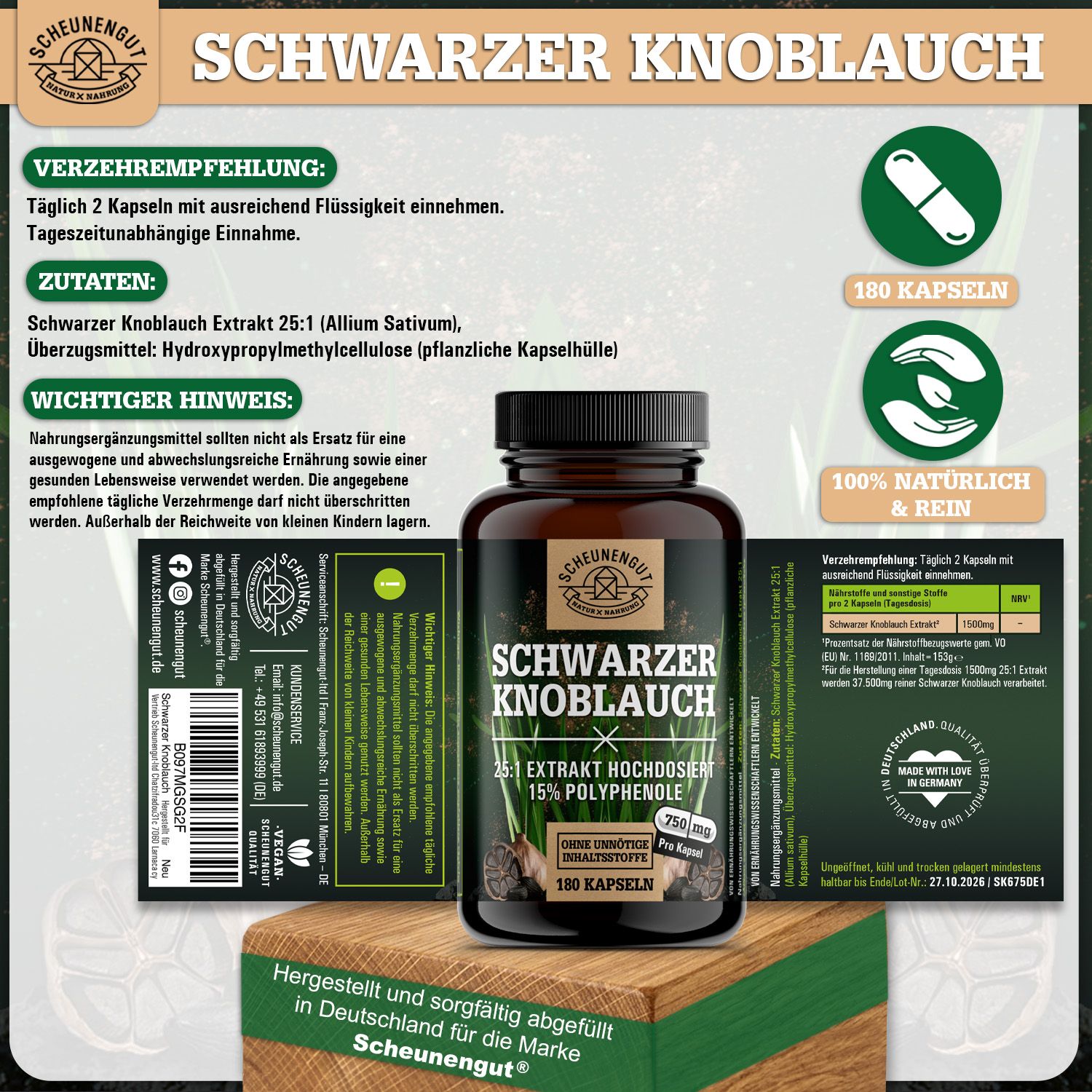 Scheunengut® Schwarzer Knoblauch | 25:1 Extrakt mit natürlichem S-Allylcystein, Allicin & Alliin