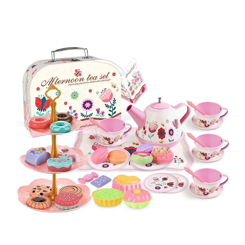 (40-tlg. Set) Kinder Teeservice Küchen Spielzeug Zubehör Tea Time Party Lern Spielset inkl. Koffer / Teekanne / Tassen / Gebäck - Blumen