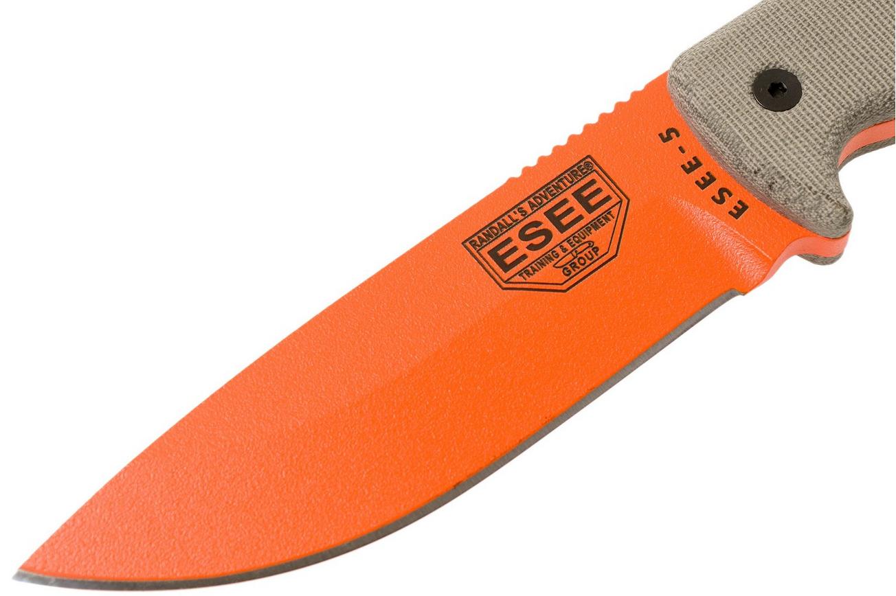 ESEE Model 5 Orange 5POG OD Green Micarta survivalmes met kydex schede   riemclip