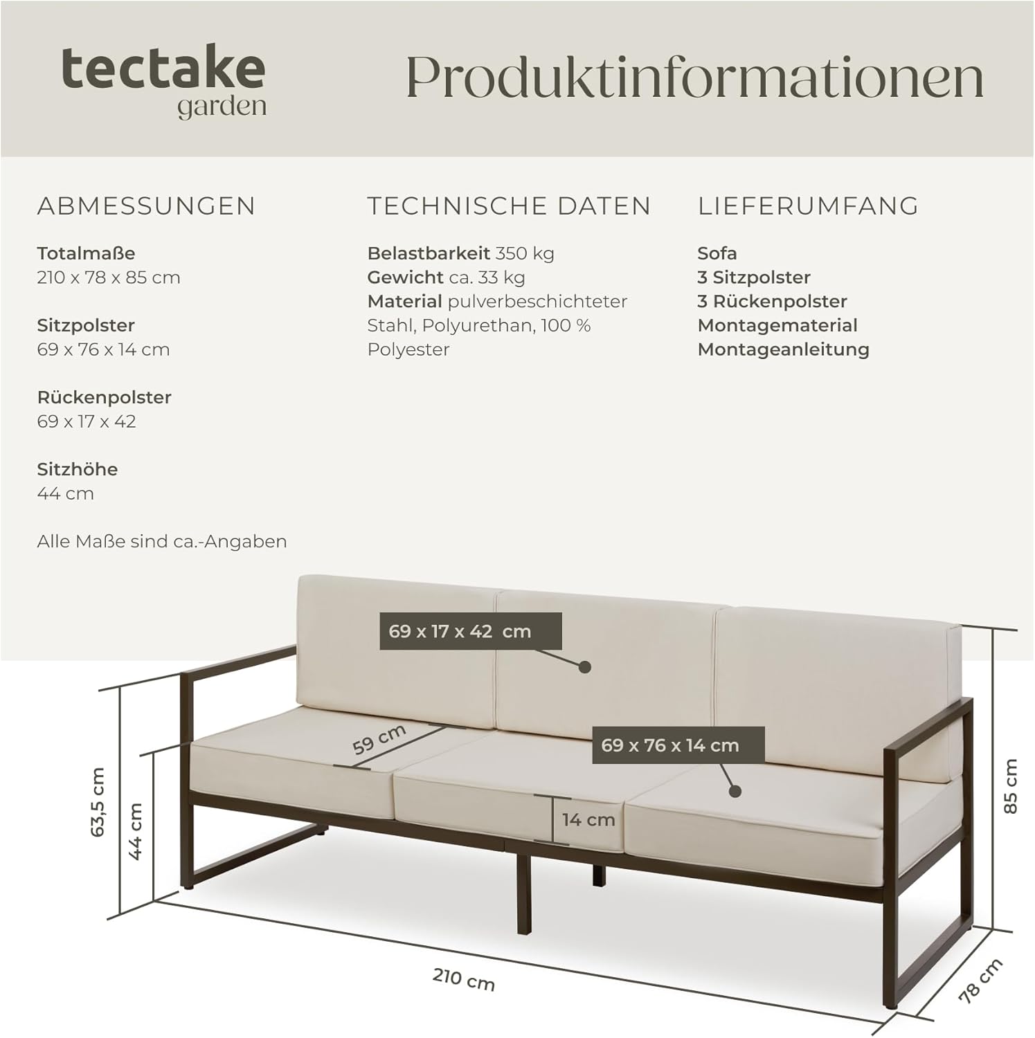 tectake® Garten Lounge Sofa 3 Sitzer, Couch, Gartenmöbel, Balkonmöbel, Terrassenmöbel, Wintergarten Lounge Möbel Outdoor, Gartenbank wetterfest, Sitzbank mit Lehne, Gartenlounge - 3 Sitzplätze