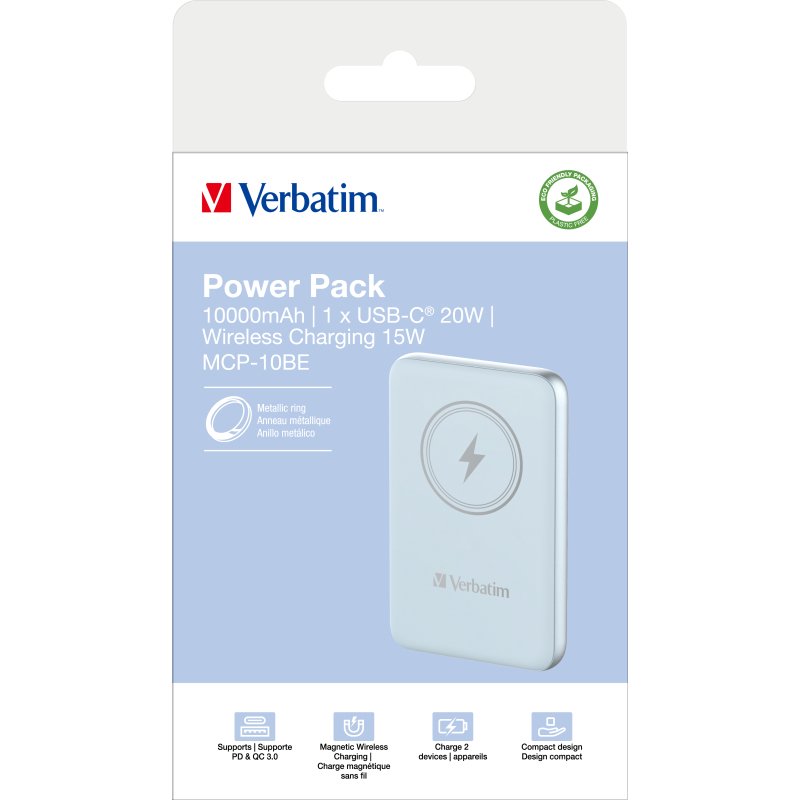 Verbatim Charge 'n' Go Lithium Polymère (LiPo) 10000 mAh Recharge sans fil Bleu