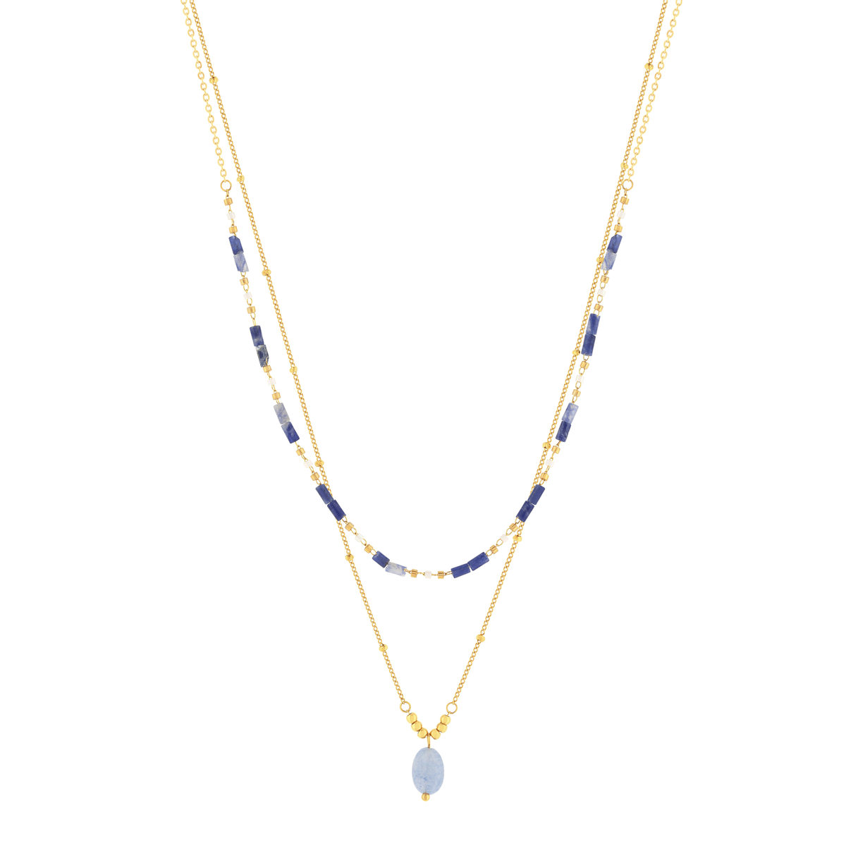 Collier acier doré 2 rangs aventurines bleues 47 cm