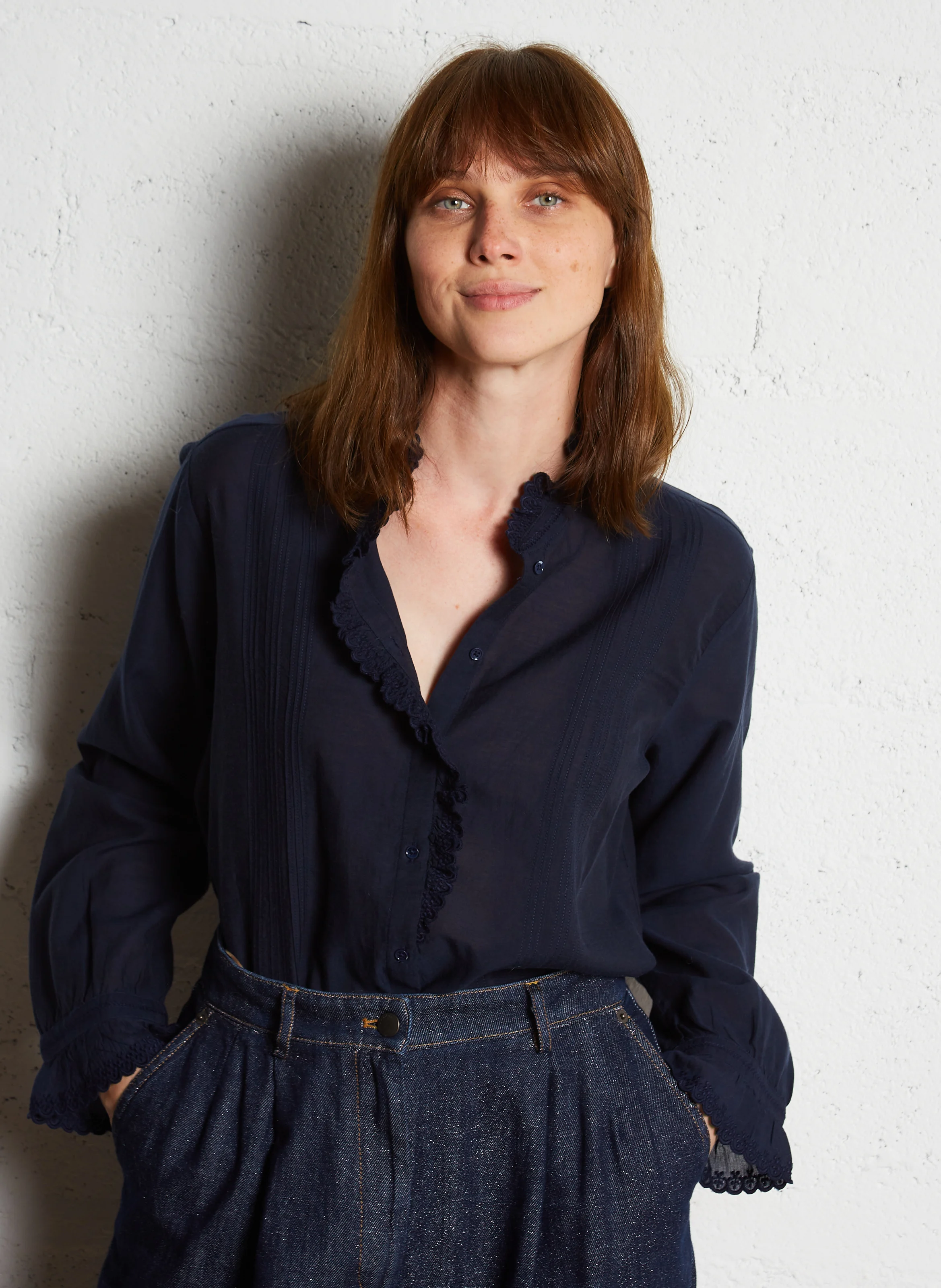 ETHEL - Blouse droite brodée en coton mélangée | Bleu