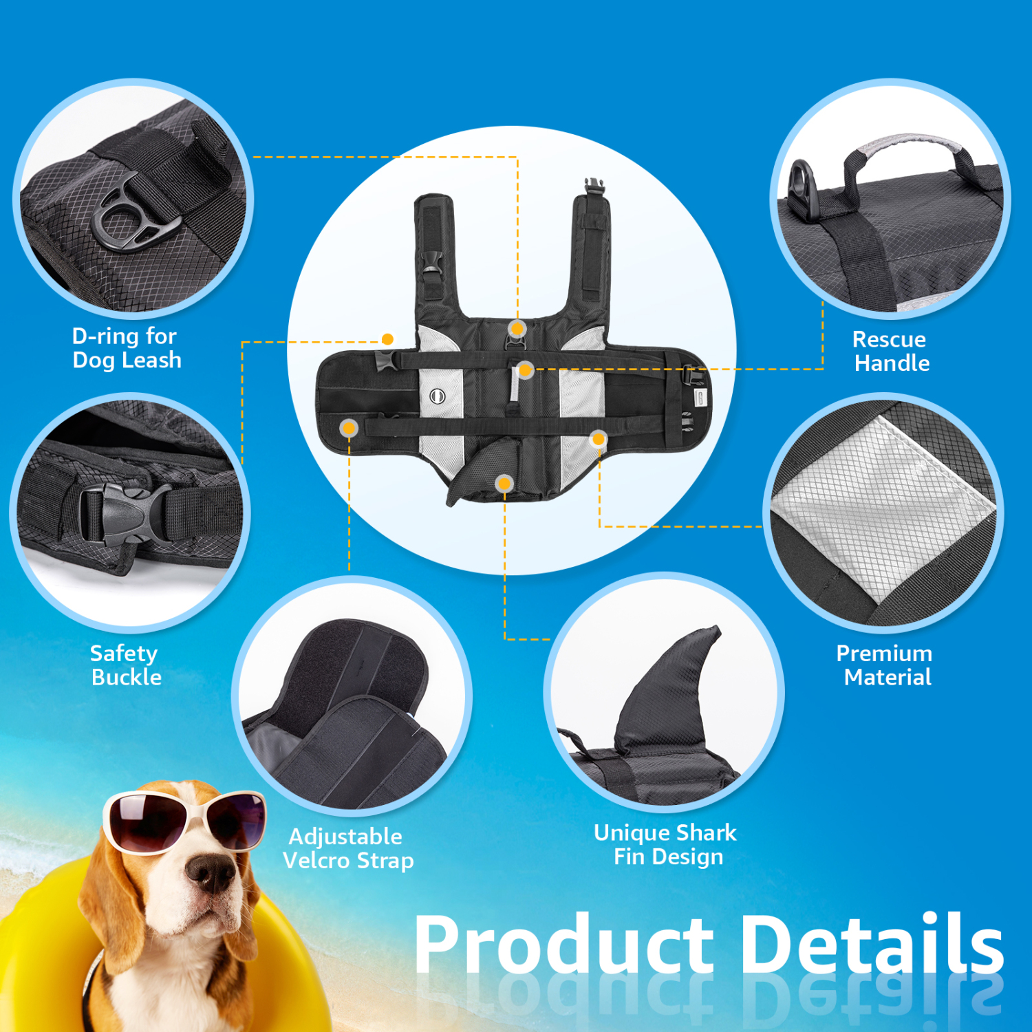 Nobleza - Colete salva-vidas para cães com barbatana de tubarão, boia para cães com faixas refletoras, colete de natação para cães com alça e alta flutuabilidade para natação, surfe e vela, cinza (G)