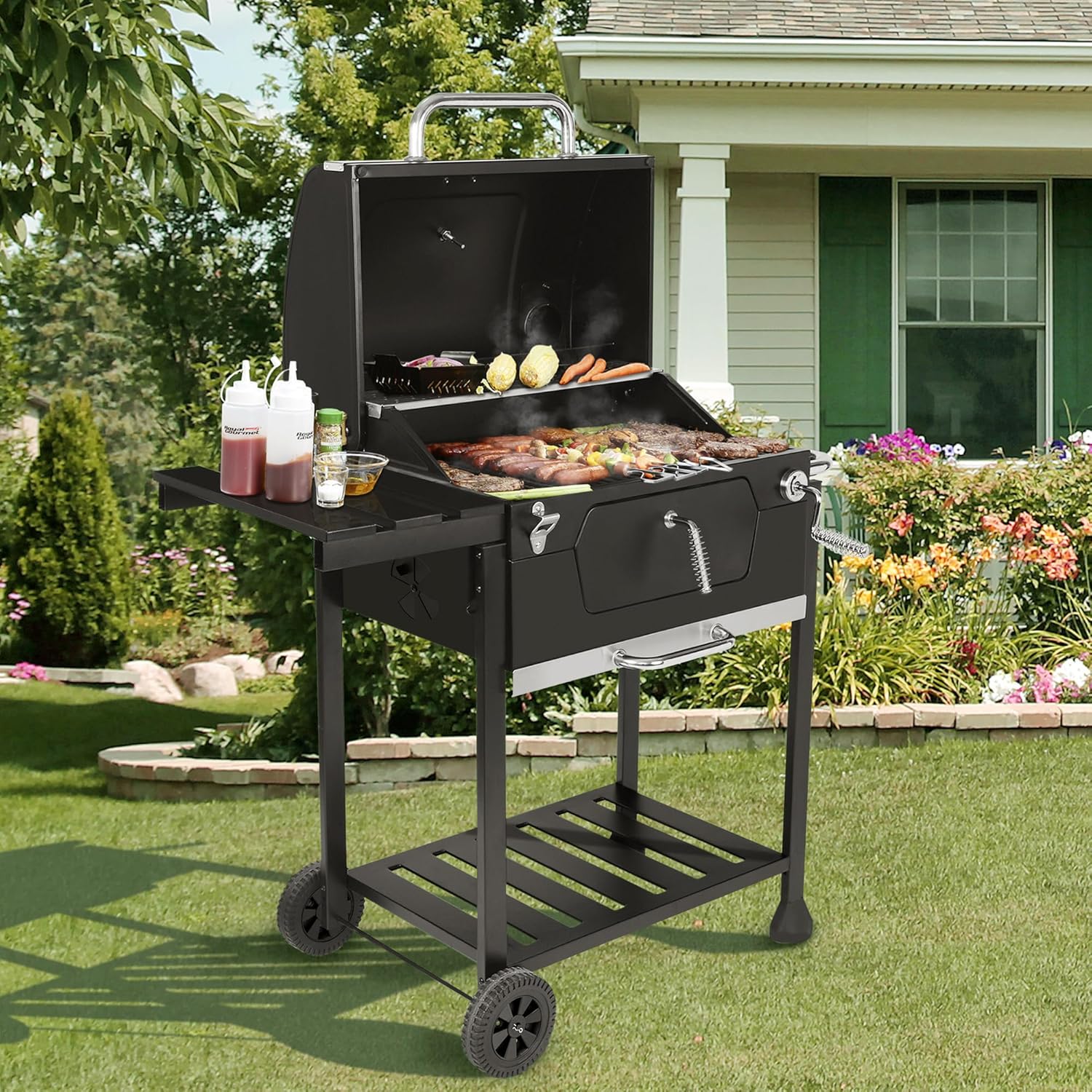 Royal Gourmet CD1824G 61.0 cm Holzkohlegrill mit klappbarem Beistelltisch, Outdoor BBQ Grill mit 490 Sq.in Kochbereich für Picknick und Camping Grillen, Schwarz