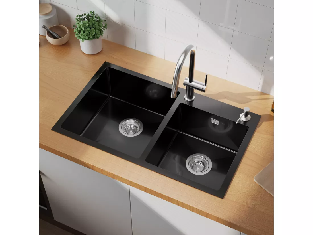 AuraLum Max Évier à Encastré/à Poser 2 Bacs avec Distrubuteur de savon/Ensemble de drainage,Évier 75x45x19cm Inoxydable pour Cuisine,Noir,EU Modèle