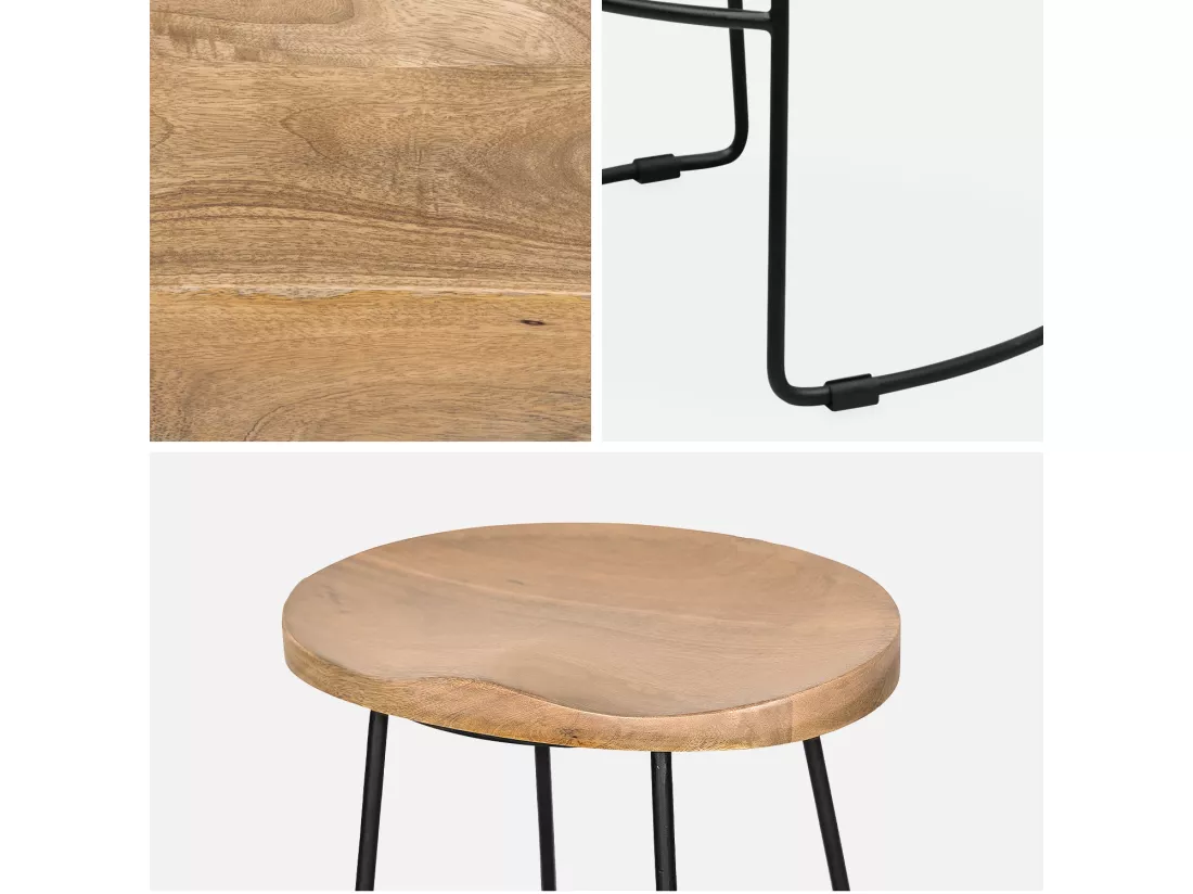 Lot de 2 tabourets de bars bois de manguier naturel et acier. avec repose pieds. 65cm