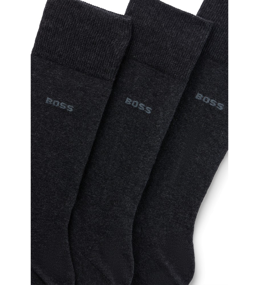 Pacote com 3 pares de meias longas padrão BOSS, pretas.