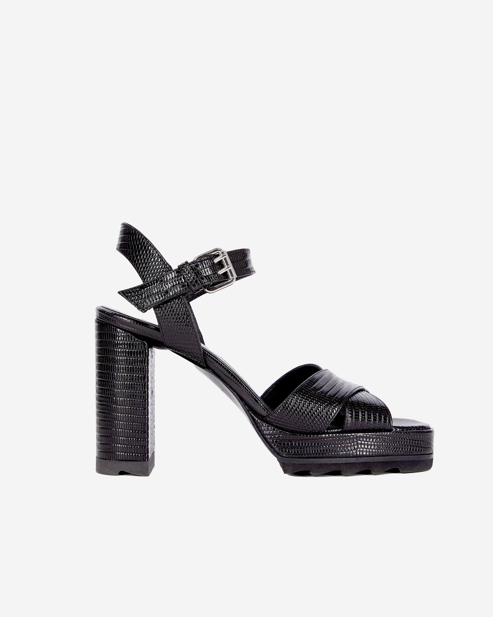 Sandales à talons en cuir noir effet lézard