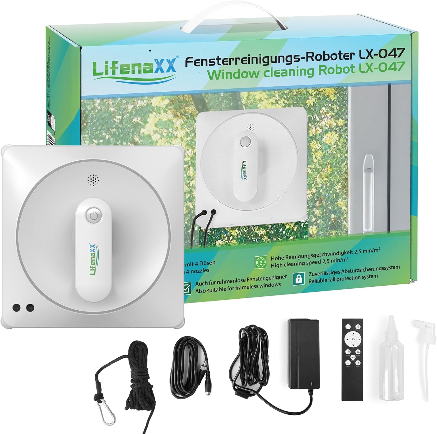 Lifenaxx Fensterreinigungsroboter LX-047, elektrischer Fensterreiniger mit 2 Sprühdüsen, hohe Saugkraft, großer 70-ml-Wassertank, Fernbedienung – ideal für Fenster, Fliesen, Spiegel