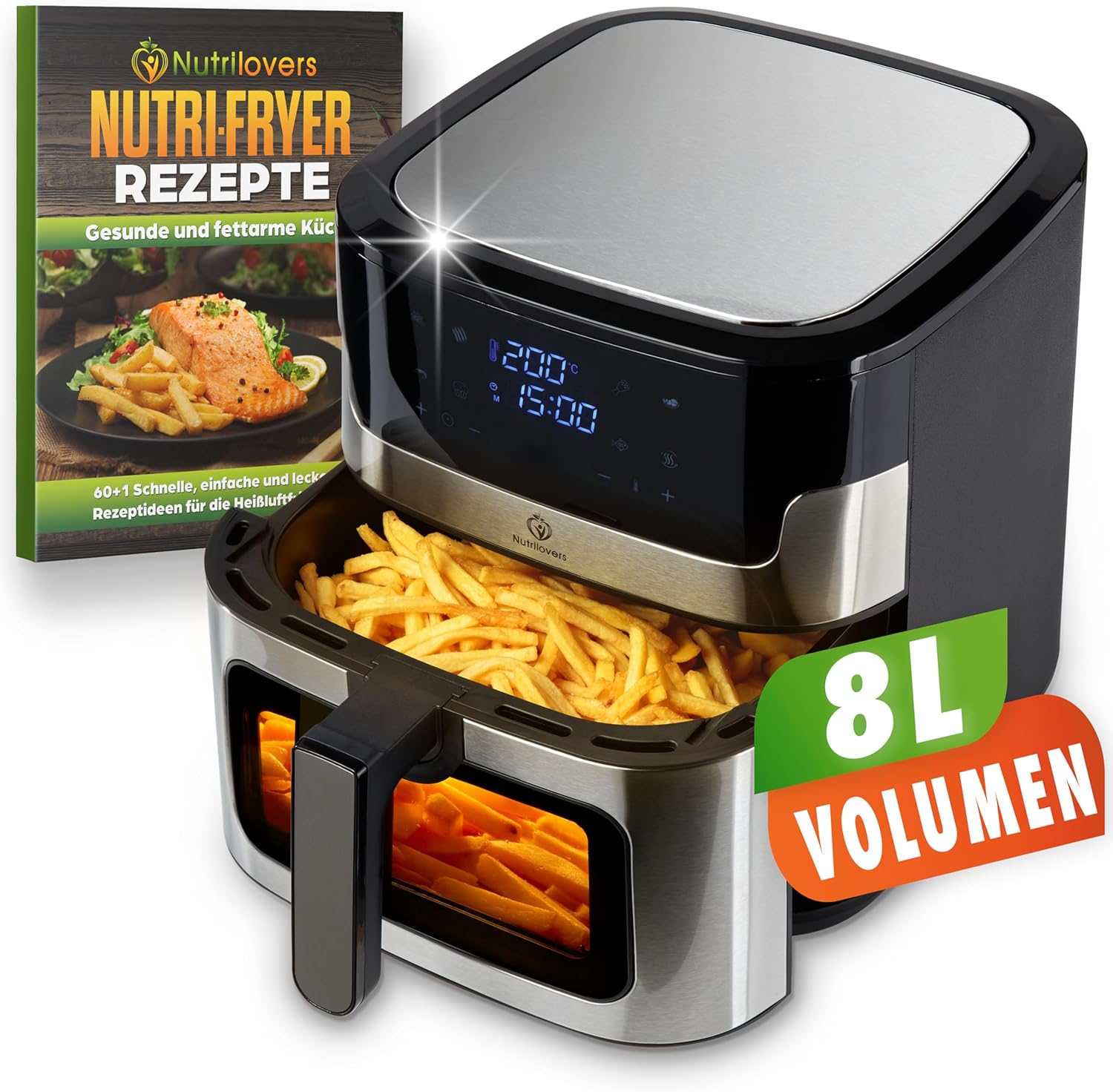 Nutrilovers Heißluftfritteuse NUTRI-FRYER EDELSTAHL XXL 8L, 2000W, Airfryer Edelstahl mit LED Touch Display, Double Heating Technologie, Sichtfenster, fettarme Pommes Fritteuse ohne Öl inkl. Rezepte