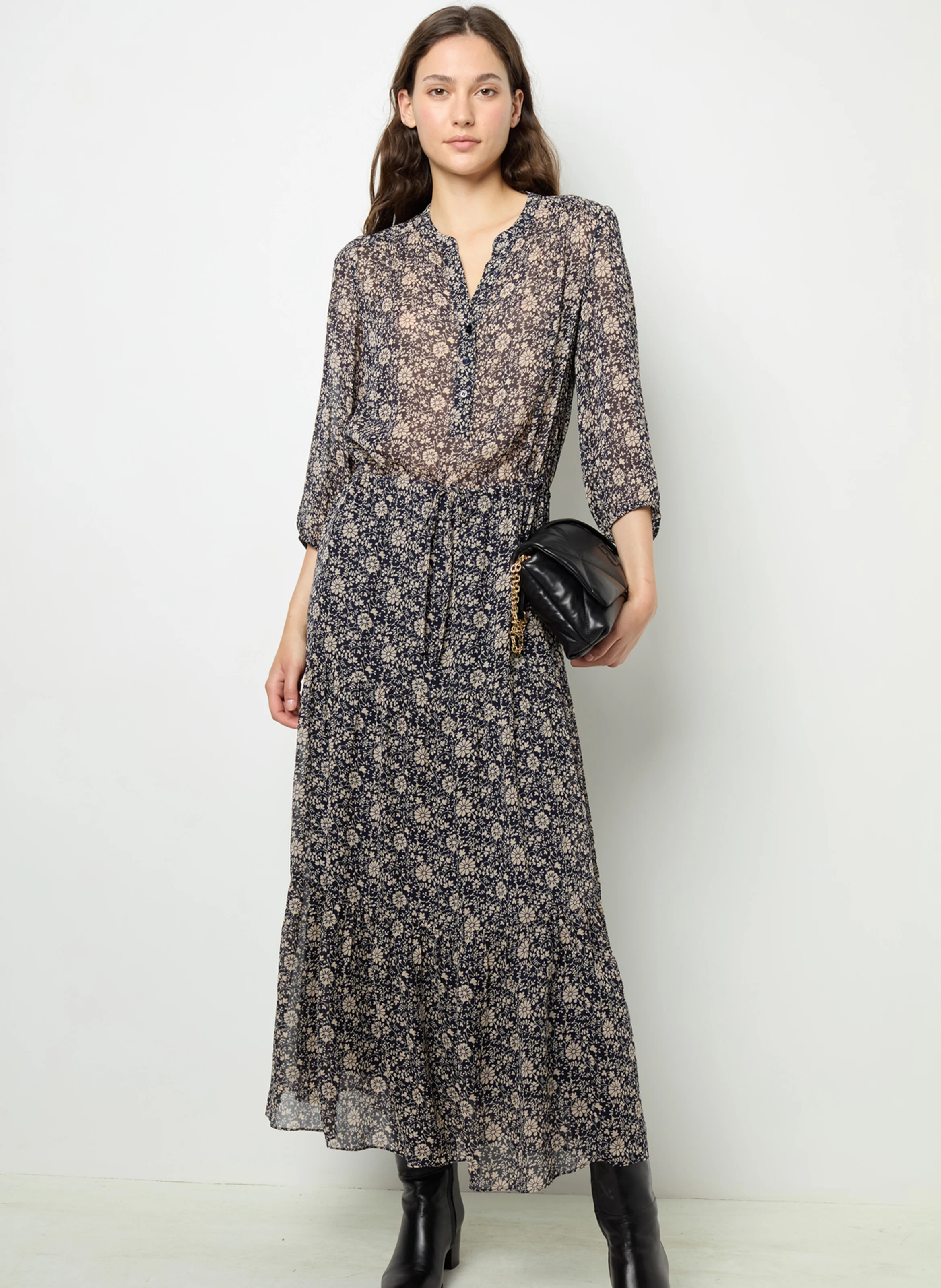SABAHE - Robe longue à col tunisien | Bleu