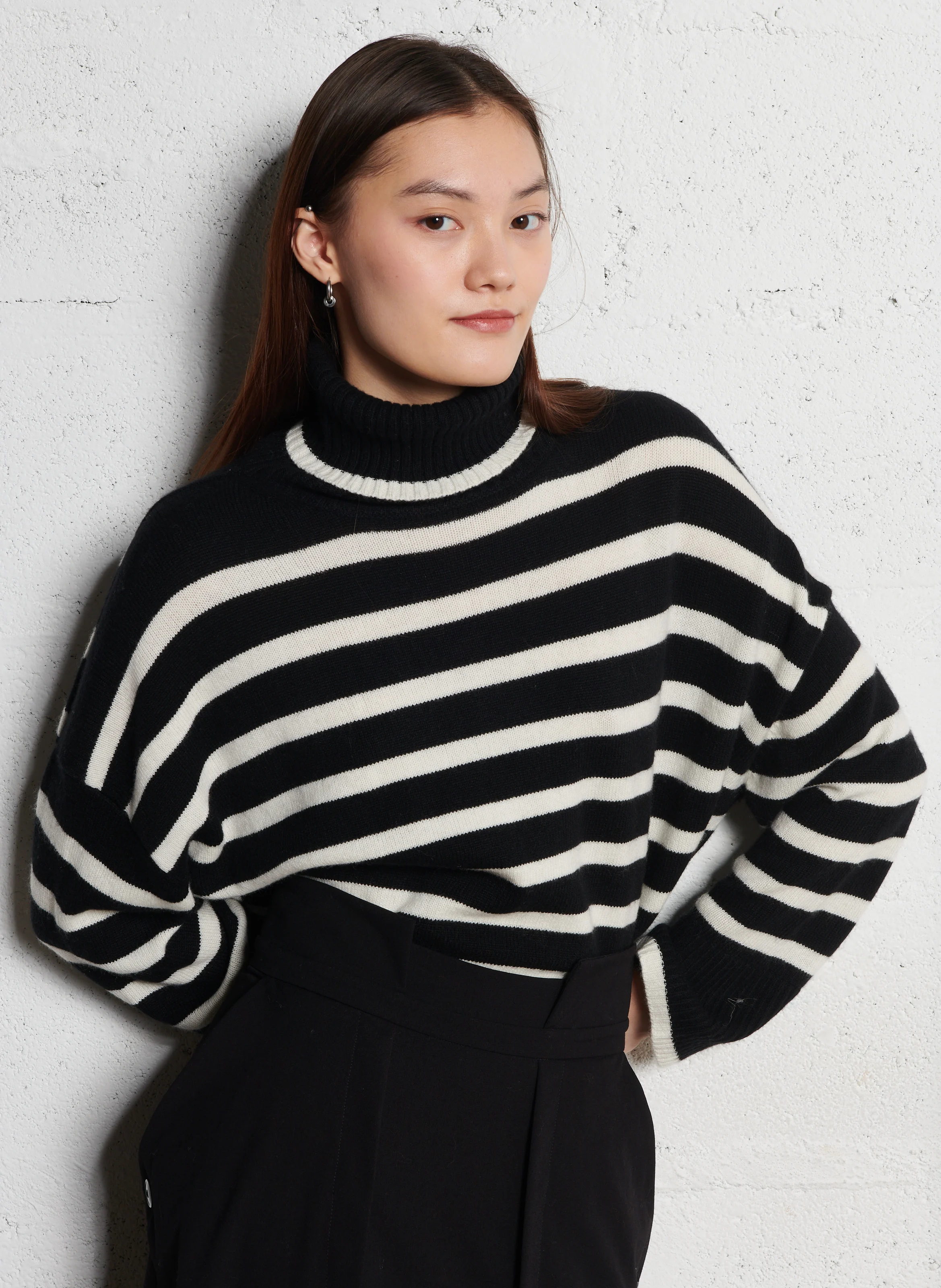 ANNIE - Pull col roulé rayé en laine mélangé| Blanc