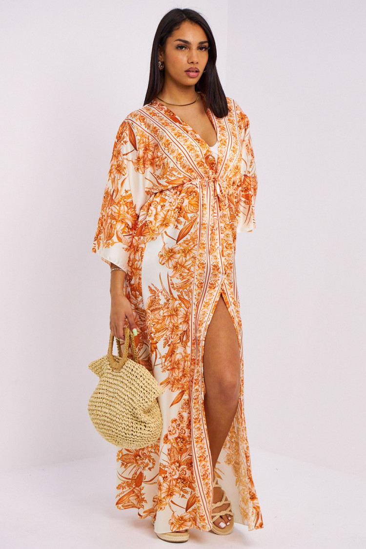 Robe chemise orange à fleurs col v