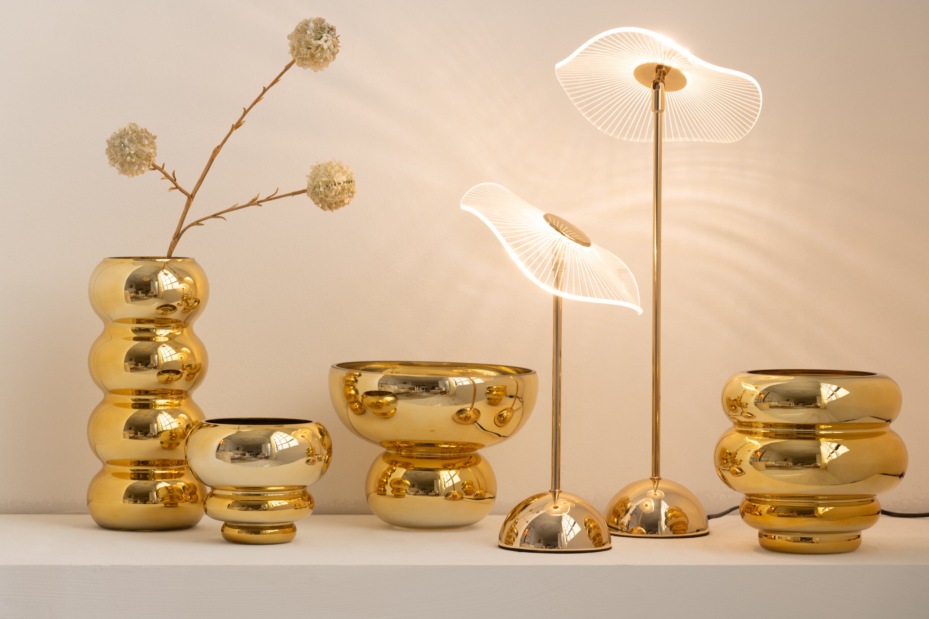 J-Line windlicht op voet afgerond - glas - goud - Ã 23 cm