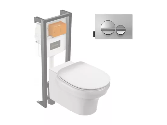 Pack WC suspendu sans bride à économie d'eau JACOB DELAFON Cléo 1889 + abattant + bâti-support + plaque ronde chromé
