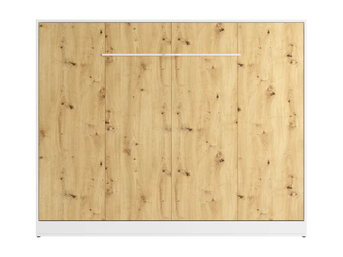 Lit escamotable 140 x 200 cm - Ouverture horizontale manuelle - Avec LEDs - Blanc et naturel + Matelas - RAPILI