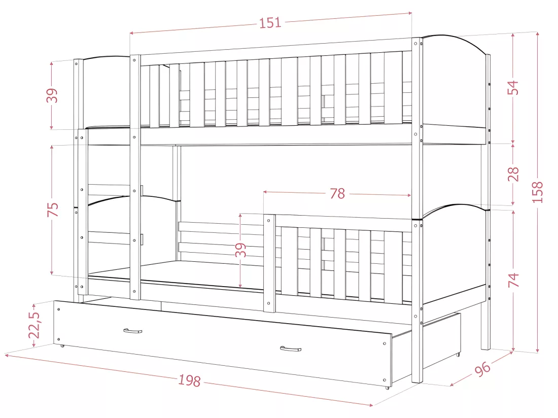 Lit superposé Tedy 90X190 cm - 2 Matelas , 2 Sommiers et Tiroir inclus Pin - Gris