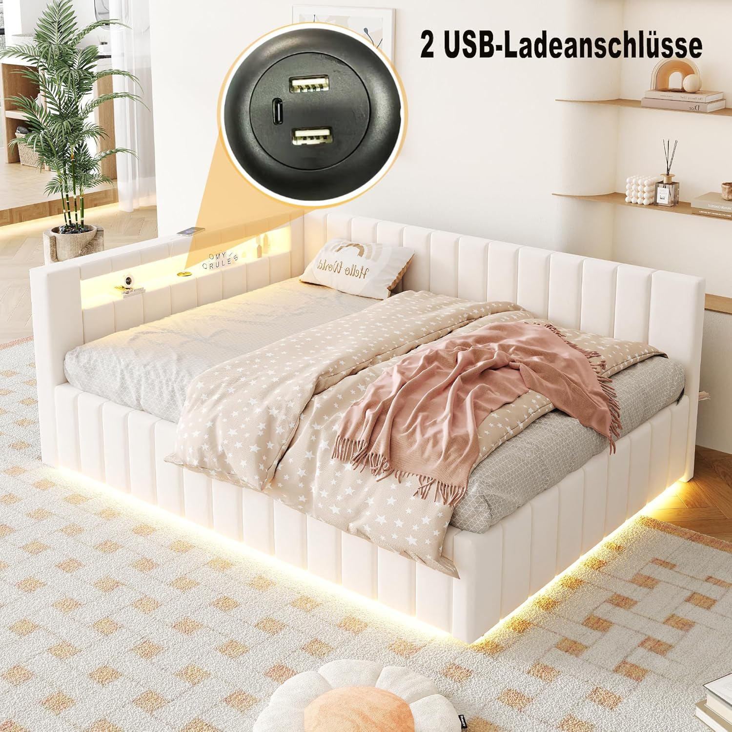 ANIROY L-förmige Schlafsofa 140x200cm, Samtstoff Polsterbett Daybett Sofabett mit LED und USB, Hydraulisches Stauraumbett, Doppelbett Bettgestell mit Lattenrost und Rückenlehne (Beige B)