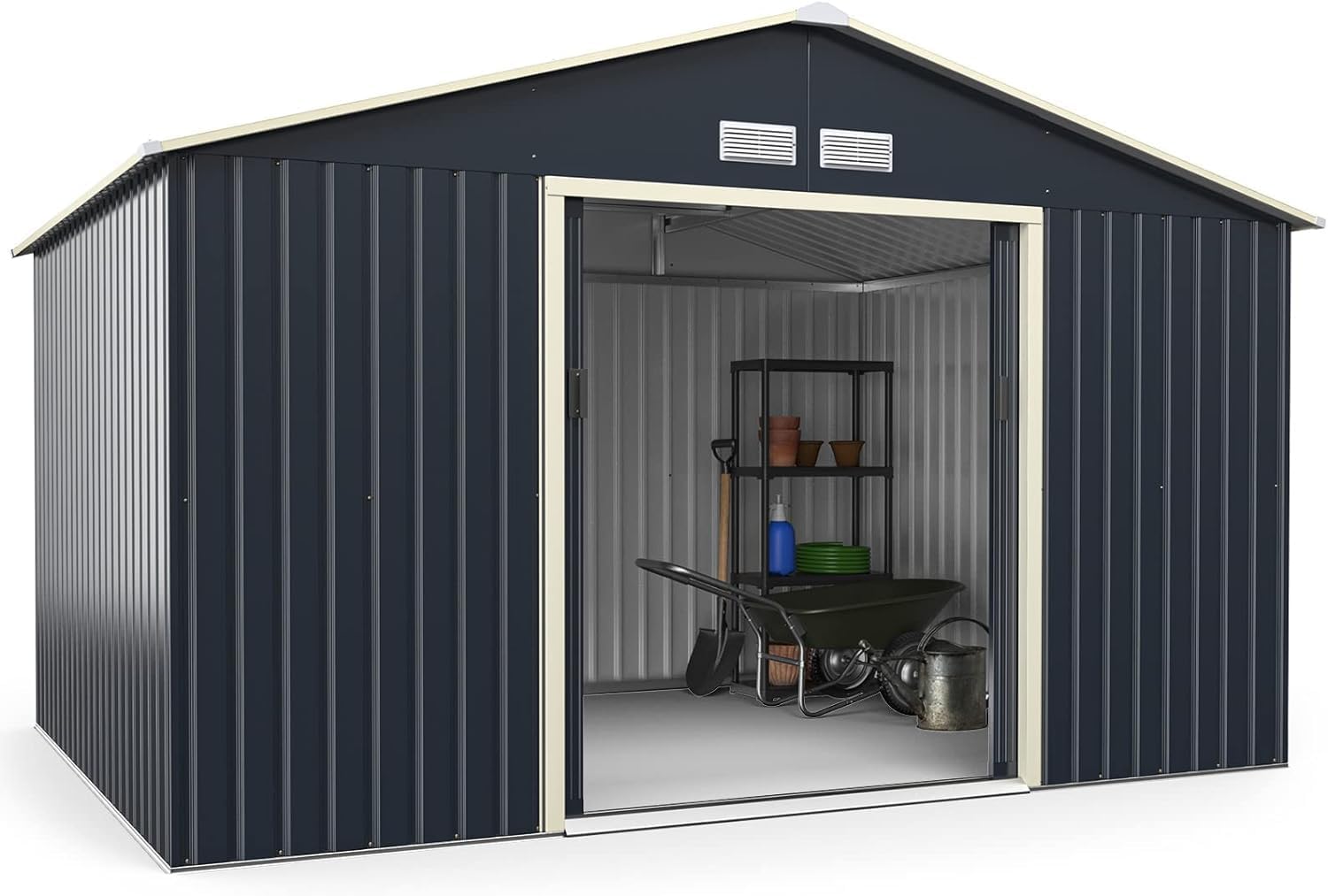 FANTASK 340x255x210 cm Gerätehaus Metall Outdoor, Geräteschuppen abschließbar, Garten Schuppen mit 4 Luftschlitzen & Schiebetür
