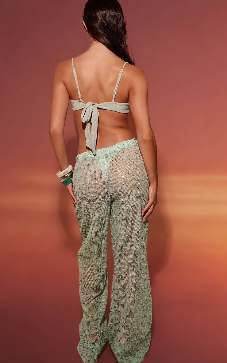 Bleu Pantalon De Plage Transparent À Sequins Avec Cordon De Serrage