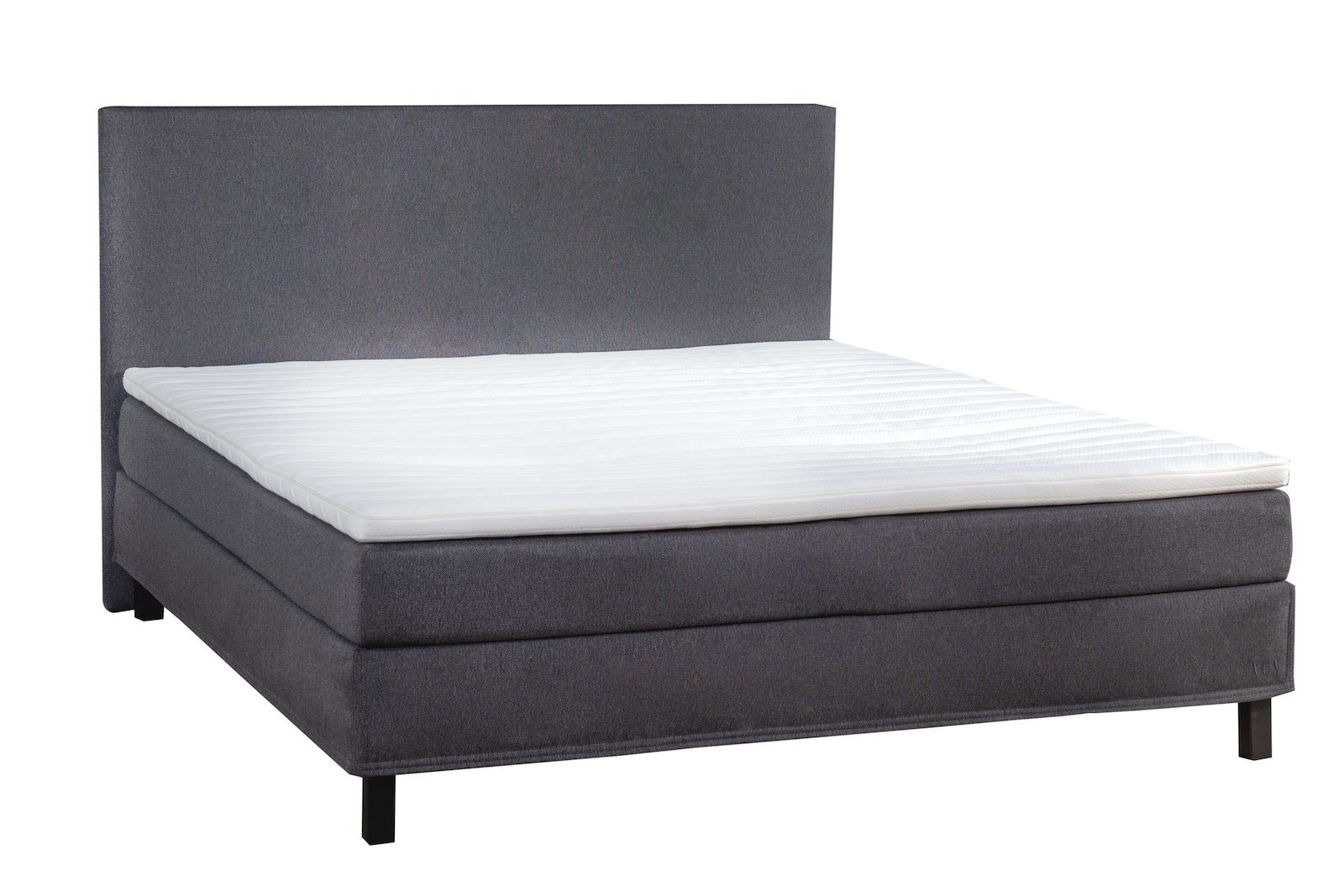 Komfort 1 kontinentalseng 150x200 cm i tekstil Juno Grå 96, XOV Komfort 3 overmadrass og firkantet sort ben 15 cm