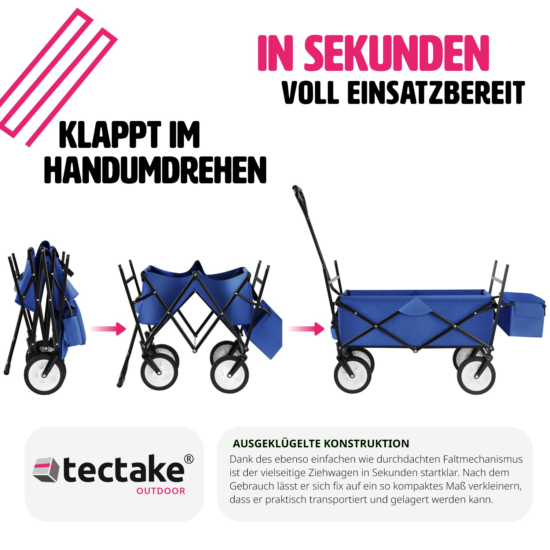 tectake® Bollerwagen, faltbar, mit Dach, große Hecktasche und 2 Netztaschen, inklusive Tragetasche