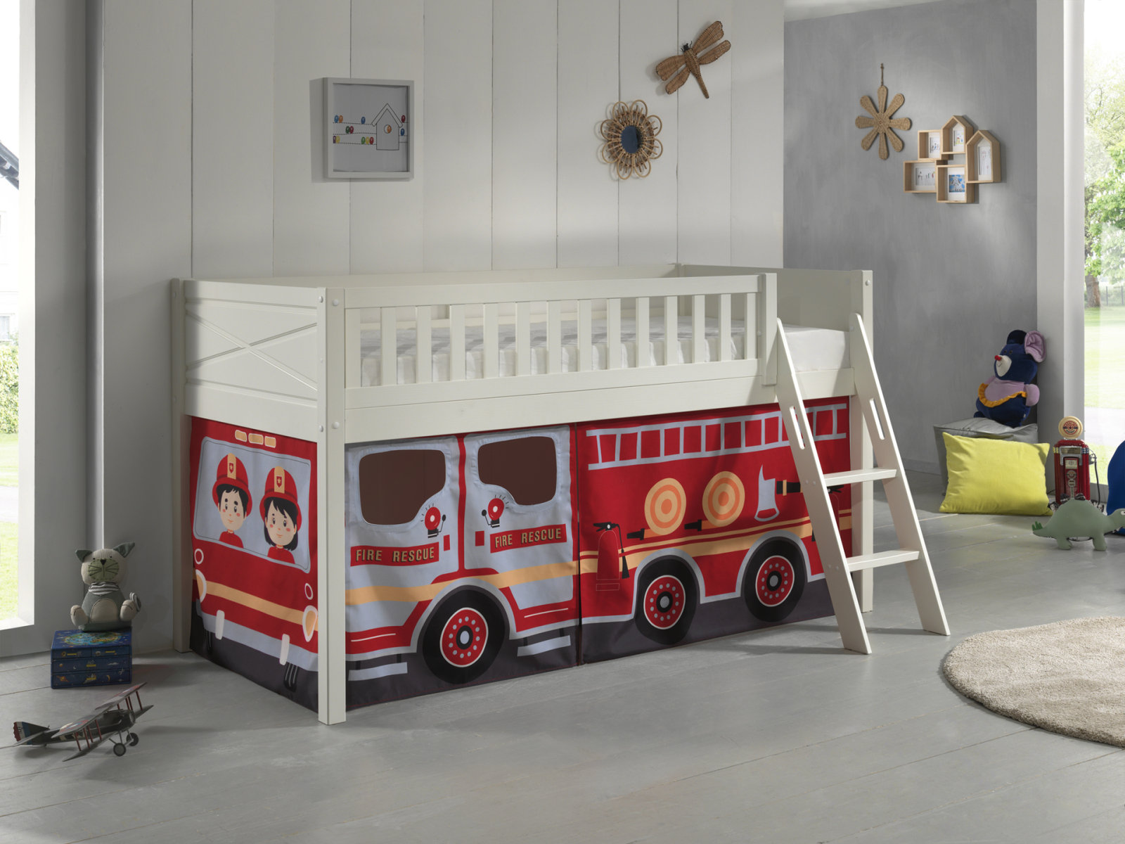 Spielbett SCOTT - weiß - Fire Rescue - mit Vorhang und Leiter - 90x200 cm
