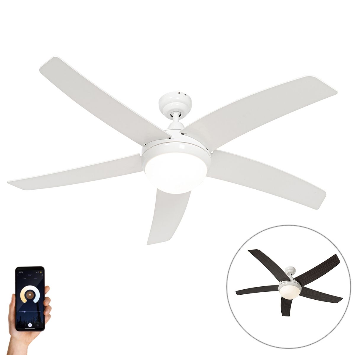 Smart plafondventilator wit met hout print 132cm incl. LED dimbaar met afstandsbediening - Cool