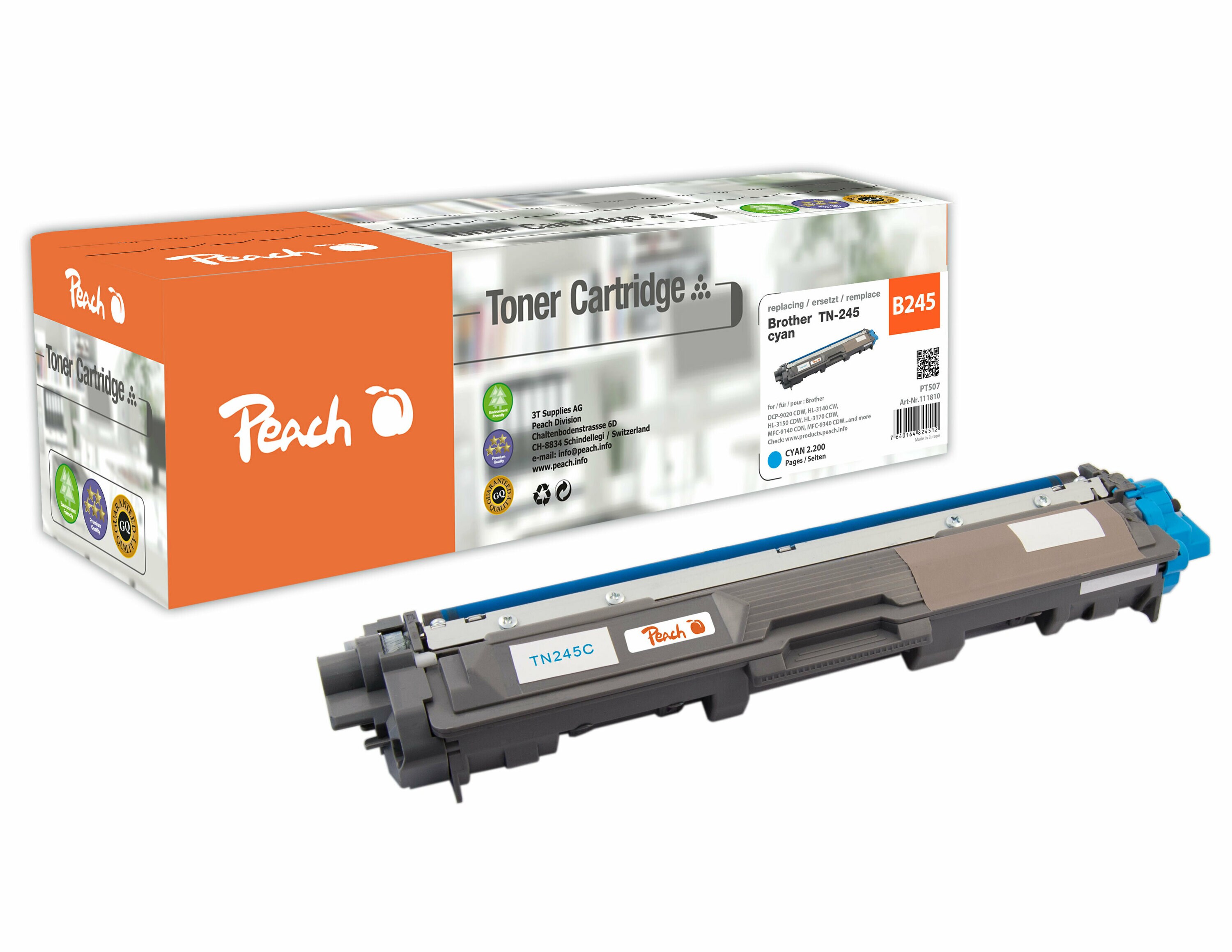 Peach B245 C Toner XL cy ersetzt Brother TN-245C für z.B. Brother DCP -9020 CDW, Brother HL -3140 CW, Brother HL -3150 CDN, Brother HL -3150 CDW (wiederaufbereitet)