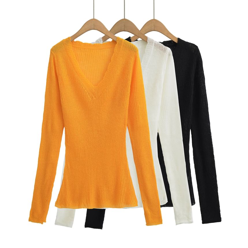 Webeisque - V-hals, effen, slim-fit gebreide top met klokmouwen
