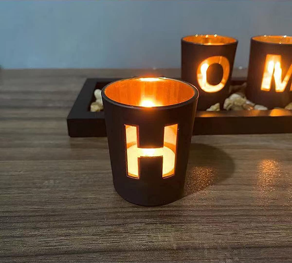 (6-tlg. Set) Deko Teelicht Halter Home Accessoire Kerzen Windlicht Set   Steine