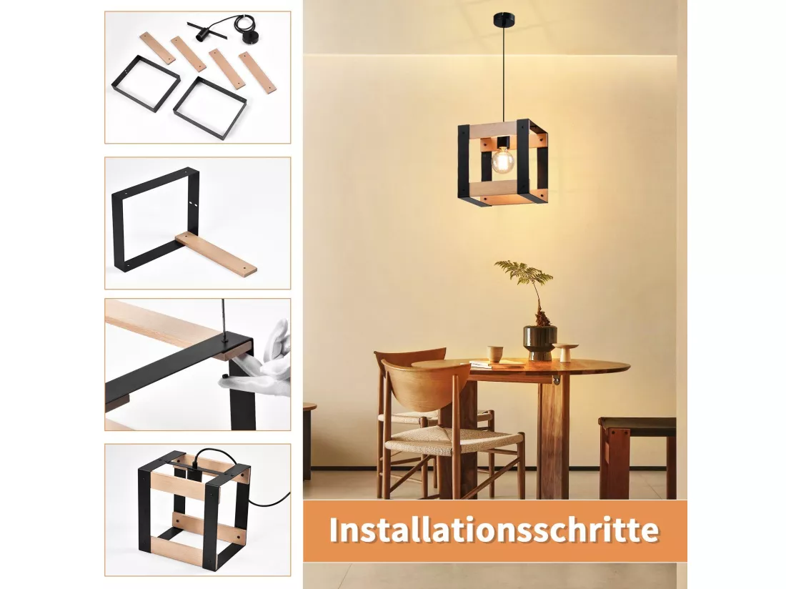 NETTLIFE Suspension Bois Métal Noir E27 Diam.175cm 1 Douille Industrielle Suspension Rétro pour Salle à Manger Salon Cuisine Chambre