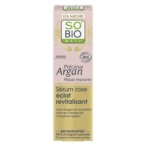 So'Bio Étic Precious Argan Rose Radiance Revitalizing Serum para Pele Madura, Orgânico, 30ml