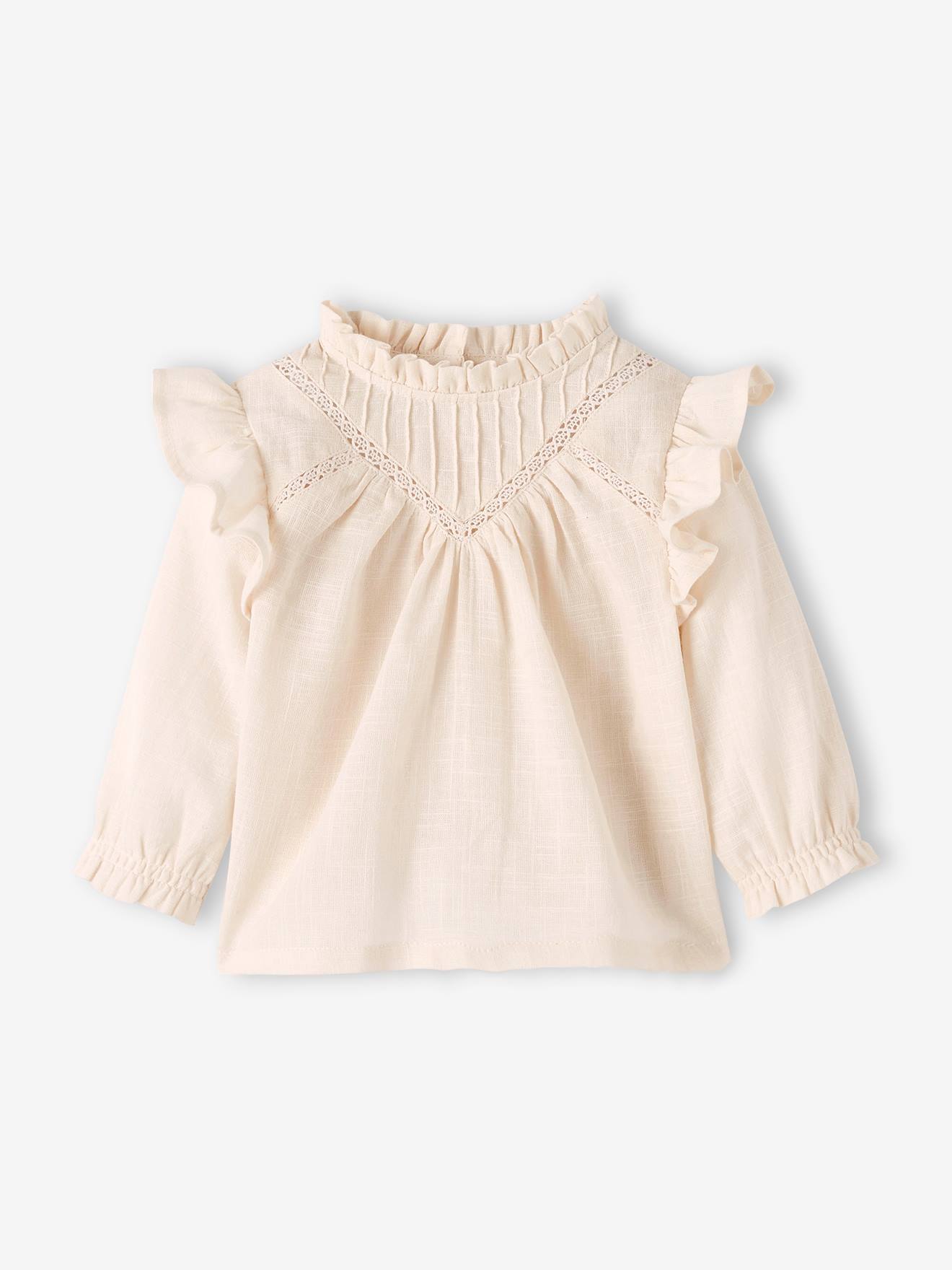 Blusa com babado em tecido texturizado, rosa bebê para maquiagem