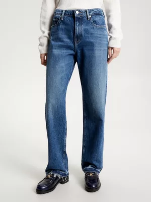 Calça jeans reta de cintura média, estilo relaxado e desbotada.
