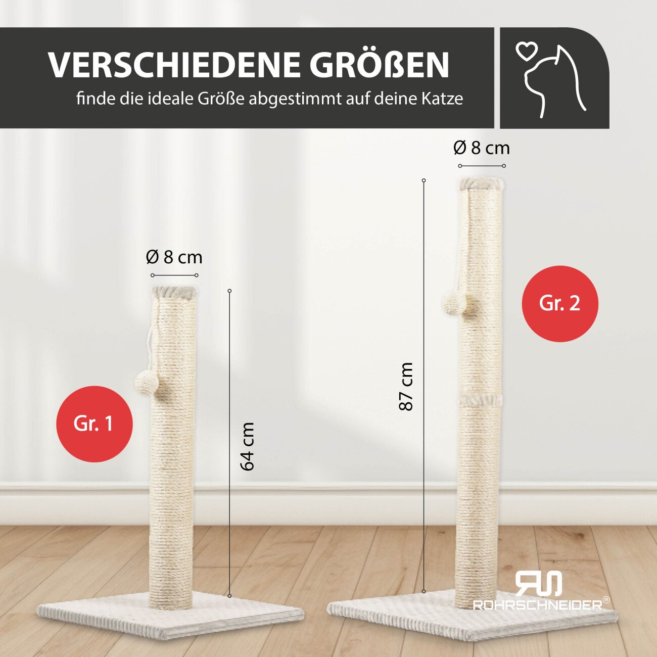 Rohrschneider ® Kratzbaum L, mit Katzenspielzeug, Bodenplatte mit Cordbezug beige 36 cm, 64 cm, 36 cm