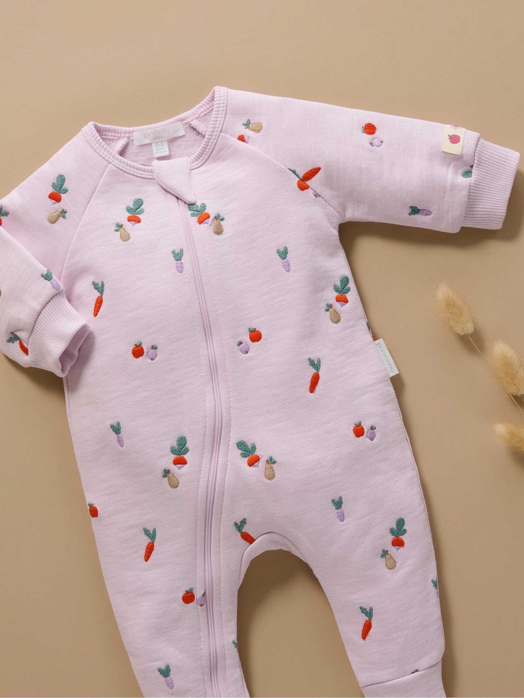 Roze - Purebaby Embroidered Fleece Sleepsuit