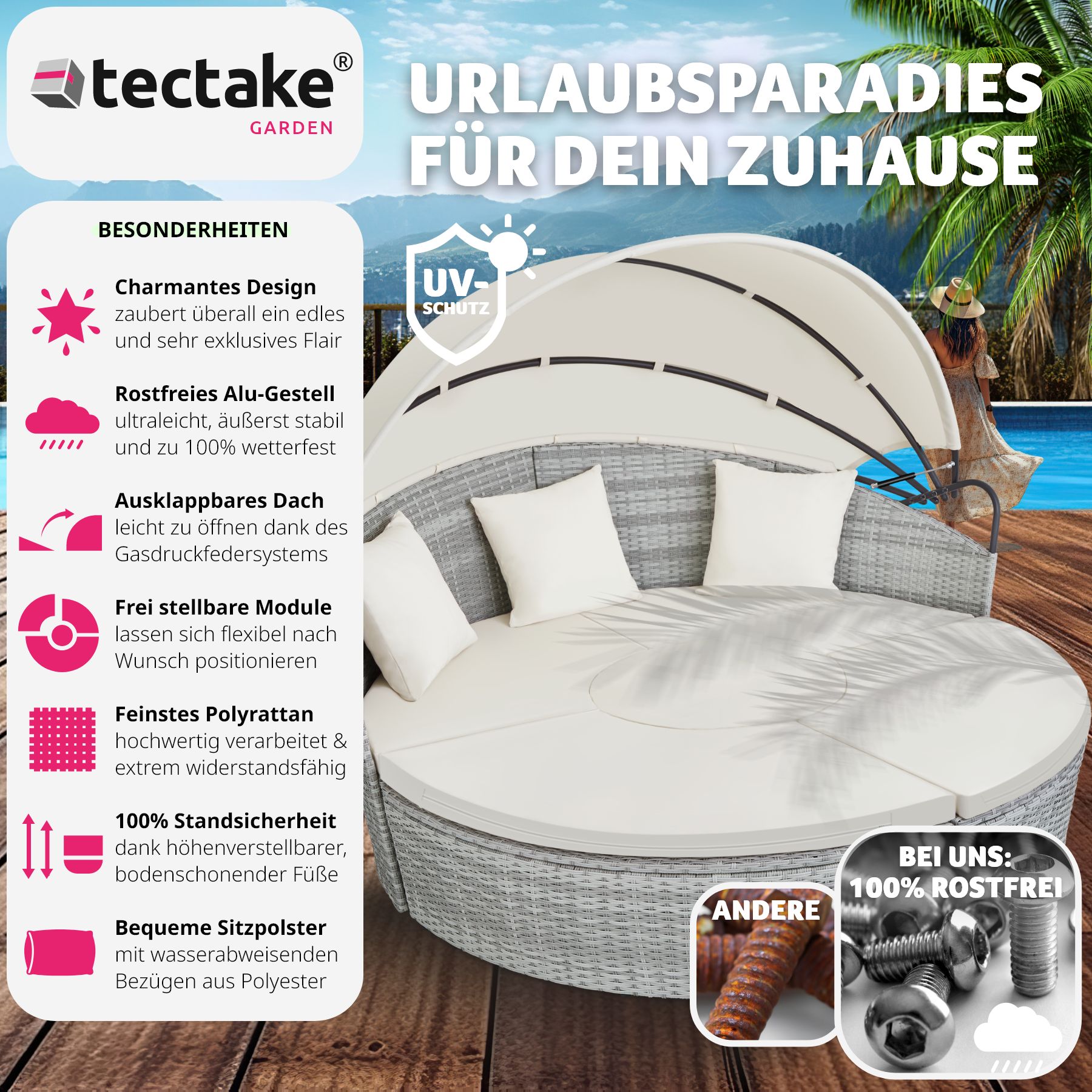 tectake® Rattan Sonneninsel, mit Aluminiumgestell, klappbares Sonnendach, variabel aufstellbar