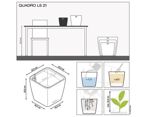 Lechuza Quadro plantenbak 21 x 21 x H 20 cm rood incl. zelfbewateringssysteem, plantenbak, substraat en waterniveau-indicator
