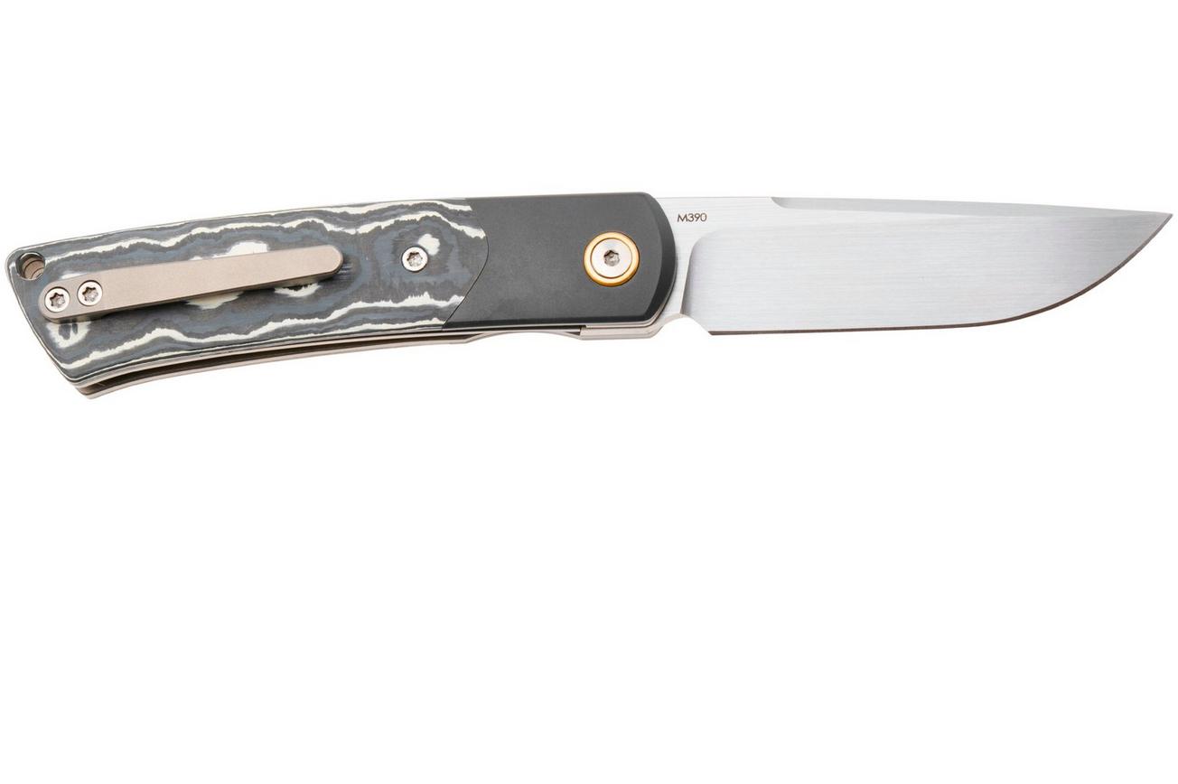 Reate Tribute Satin M390, Titanium FatCarbon White Storm, zakmes, Jack Chen design