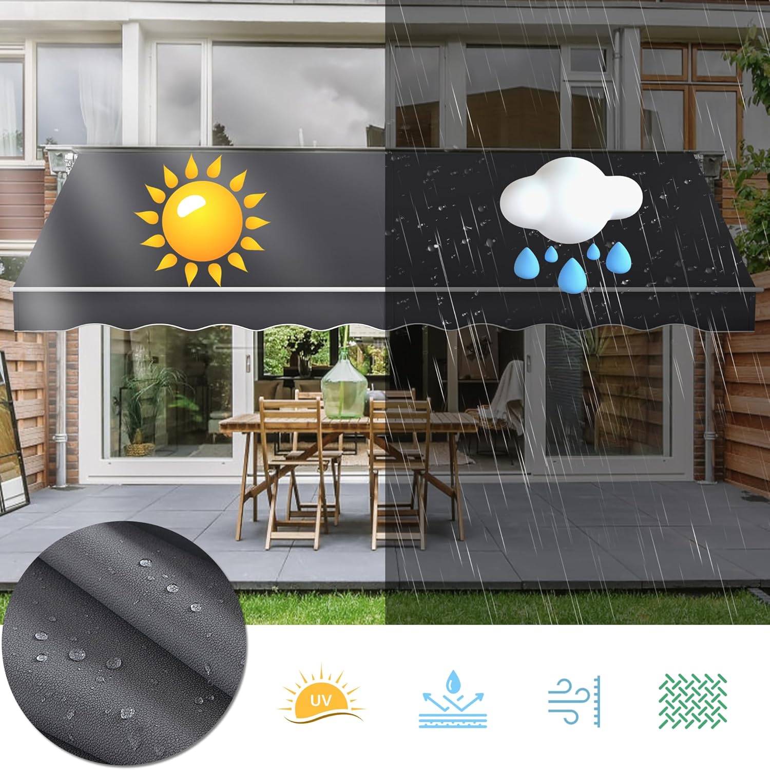 Aufun Manuelle Gelenkarmmarkise Markise Balkon aus Alu und Polyester, Einziehbar Sonnenschutz Markisenabdeckung mit Handkurbel, Wasserdicht Anti-UV für Balkon Terrasse Außen(250x200 cm, Dunkelgrau)