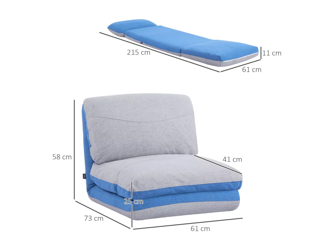 Chauffeuse - matelas d'appoint pliant - fauteuil convertible - inclinaison dossier réglable 5 positions - tissu polyester aspect lin gris clair bleu